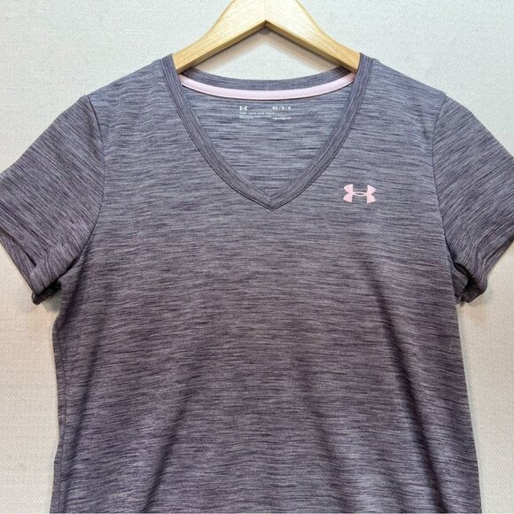 Under Armour Women V-Neck T-Shirt Medium Gray  Short Sleeve Activewear Heat Gear - Picture 3 of 11